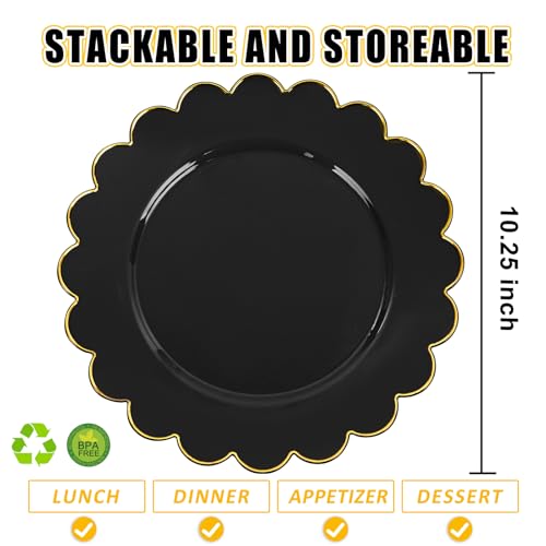 SUT 72 PCS Black Plastic Plates with Gold Rim, plates Disposable Heavy Duty, 10.25 inch plastic Dinner Plate, black Disposable plate for Party - color: Black/Gold, size: 10.25 Inch