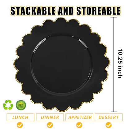 SUT 72 PCS Black Plastic Plates with Gold Rim, plates Disposable Heavy Duty, 10.25 inch plastic Dinner Plate, black Disposable plate for Party - color: Black/Gold, size: 10.25 Inch