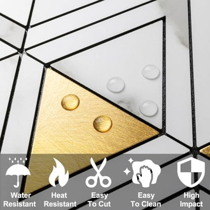 DICOFUN 10-Sheet White Marble Look Triangle Mosaic Tiles Peel and Stick Backsplash for Kitchen, PVC Mixed Metal Gold Chevron Stick on Backsplash Wall Tiles - color: White Marble and Metal Gold, size: 10 Sheets, 12"x12"x0.12"