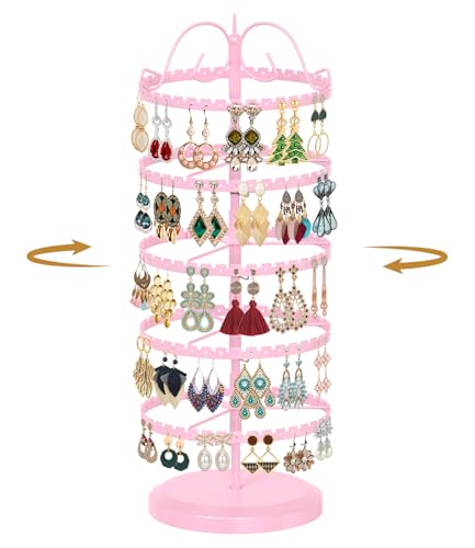 MODOWEY 5 Tier Rotating Earring Holder Organizer Stand, Adjustable Metal Display Tree Rack for Women, 400 Hole and Groove Large Storage for Pierced Stud Dangle Hoop, Compact for Small Dresser, Pink - color: Pink, size: 5-Tier