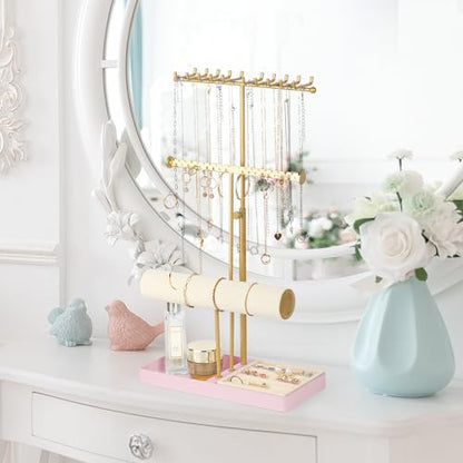 Tirzah 3-Tier Adjustable Gold Jewelry Holder Organizer Stand with 20 Necklace Hooks, 18 Earring Holes and Notches, Bracelet Holder, 6 Ring Rolls, Pink Tray for Girls, Women - color: Gold & Pink, for Necklace Earring Bracelet