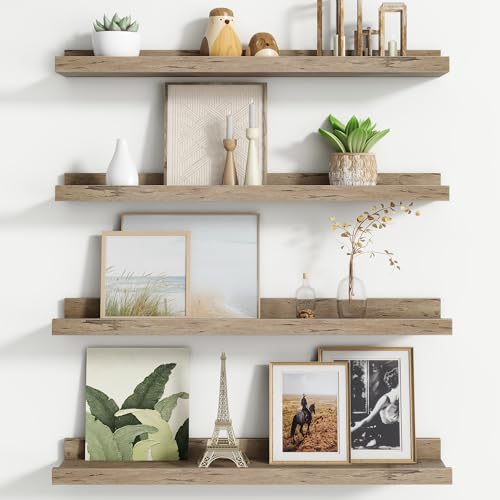 FLYJOE Floating Picture Ledge Shelves for Wall Set of 4, 24 Inch Wall Shelves with Lip Long Large Nursery Book Shelf for Toys Storage Kids Bookshelf Wall Mounted Living Room Bedroom Decor Frames - color: Grey, size: 24'', Set of 4