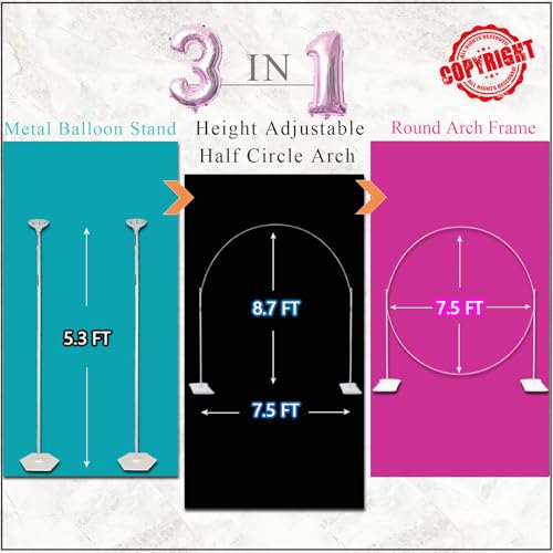 Decojoy Balloon Arch Stand, 7.5ft Large Round Backdrop Frame, Adjustable Half Circle Arch, 2 set Reusable Metal Ballon Column Kit with Base 3IN1 for Birthday, Wedding, Graduation, Shower Party