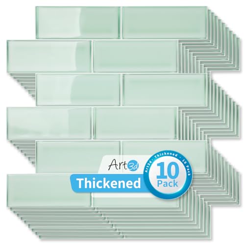 Art3d 10-Pack Heavy-Duty Peel and Stick Backsplash, 12 x 12 Inch Vinyl Seaglass Subway Design Stick on Wall Tile for Kitchen Living Room Home Decor, Aqua Green - color: Aqua Green