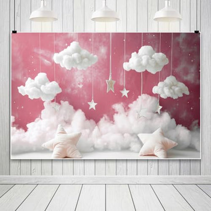 Yeele 8x4ft Girl Baby Shower Backdrop Starry Star Pillow White Clouds Pink Sky Photography Background for 1st 2nd Girl Birthday Party Baby Shower Party Newborn Portrait Photo Shoot Prop Decor - size: 8x4ft
