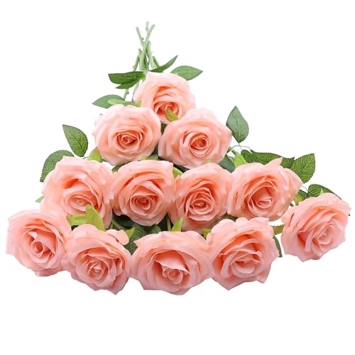 LVEFIT 12pcs Artificial Rose Flower Coral Peach Flower with Long Stem Silk Roses Bouquet for Wedding Bridal Shower Party Home Decoration - color: Coral Peach, size: 12pcs