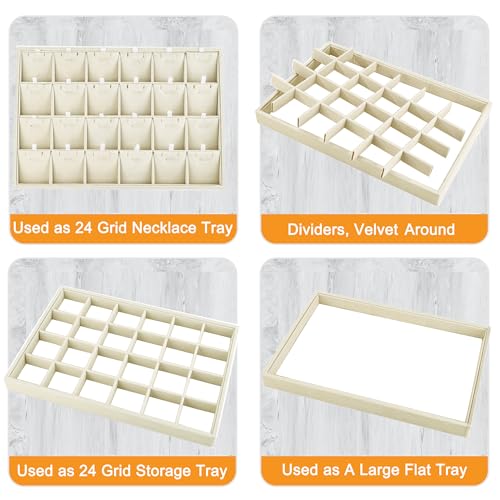 24 Grids Stackable Jewelry Tray Organizer with Removable Dividers, Velvet Jewelry Display Tray for Earrings Necklaces Bracelet Rings Display Showcase - Light Khaki - color: Light Khaki