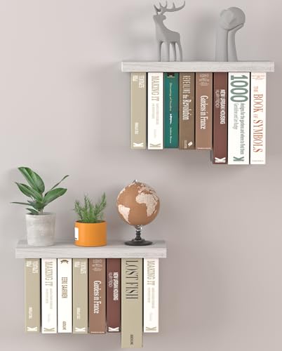 Tohiasen Floating Book Shelves for Wall Mounted Set of 2, Wood Hanging Bookshelf, Book Display Shelf for Wall, Unique Space Saving Book Shelf Wall Book Holder (White) - color: White