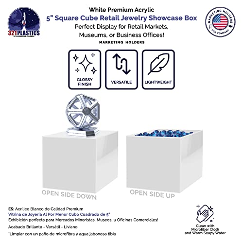 2 Pack 5" Acrylic Display Riser Box with One Open Side No Lid Versatile Preassembled Glossy White Square Retail Merchandise Storage Bin or Product Platform by Marketing Holders - size: 5"w x 5"h White
