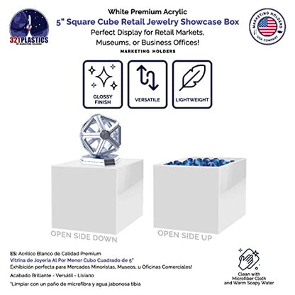 2 Pack 5" Acrylic Display Riser Box with One Open Side No Lid Versatile Preassembled Glossy White Square Retail Merchandise Storage Bin or Product Platform by Marketing Holders - size: 5"w x 5"h White
