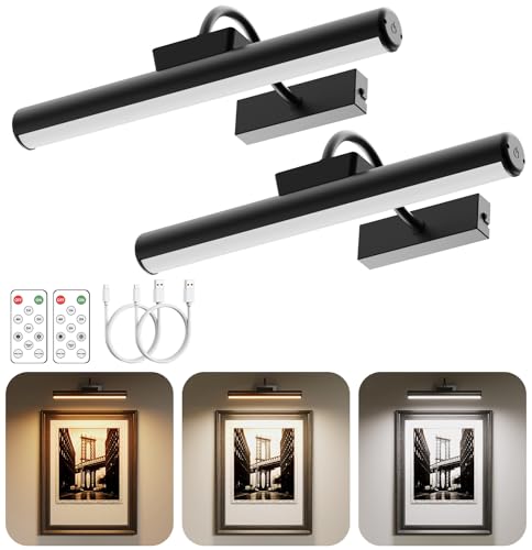 Skairipa Wireless Picture Light with Remote, Battery Operated Wall Sconce 5000mAh, 3 Color Modes and Dimmable LED Wall Lights with Timer for Painting, Frame, Gallery, Dartboard, Bedroom (Black-2Pack) - color: Black, size: 2Pack-13in