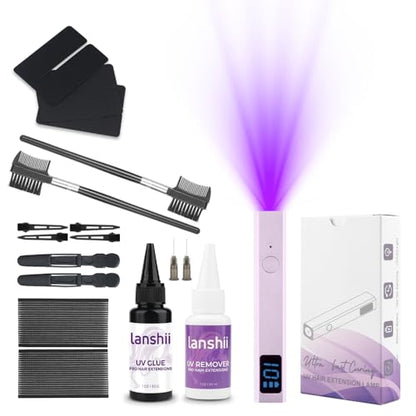 UV Lamp Hair Extension Tool Kit Invisible Hair Extensions UV Lamp 30g UV Hair Glue with 30ml Glue Remover Plastic Eyebrow Comb for UV Hair Set Eyelashes Extensions - color: Blush Lilac
