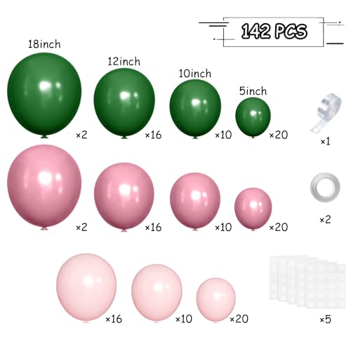 MEBAY Dusty Rose Balloon Arch Kit, 142 Pcs Retro Pink Nude Dark Green Latex Balloons Different Sizes 18 12 10 5 Inch for Birthday, Baby Shower, Wedding - color: 142-dusty Rose