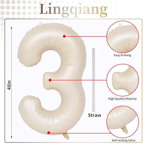 40 Inch Beige Large Numbers Balloons 3, Self Inflating Ivory White Digit 3 Helium Balloons for 3rd Girls, Cream Foil Mylar Number Balloons 0-9 for Women Birthday Party Anniversary Supplies Decorations - color: Cream, size: Number 3
