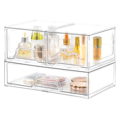 Stebopum 3 Pack Stackable Storage Drawers Clear Acrylic Organizer Makeup Bathroom Organizer and Storage for Beauty Supplies,Ideal for Vanity, Cabinet,Bathroom,Pantry Organization - style: 2 Small+1 Wide