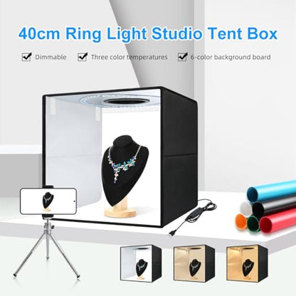 16x16x16 Inch Portable Folding Photo Studio Box with Dimmable Ring Light (224 LEDs, CRI>95, 3200-6500K) & 6 Backdrops for Product Photography, YouTube Videos, Smartphone - size: 16inch