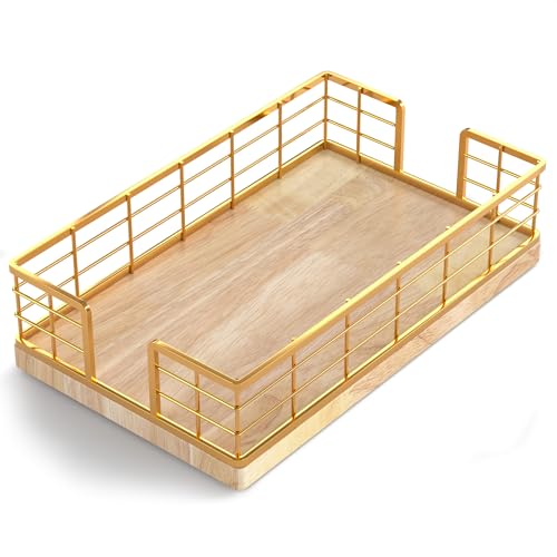 Wican Guest Towel Holder Tray for Bathroom, Oak and Iron Napkins Holder for Powder Room Dinning Table Wooden Basket for Disposable Paper Hand Towels Gold and Oak - color: Gold/Oak, size: 9.06 x 5.51 x 2.56 inchs
