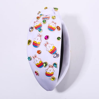 boderier Easter Headband Beaded Bunny Easter Egg Headband Jeweled Crystal Embellished Knotted Holiday Hair Accessories (Basket Bunny-White)