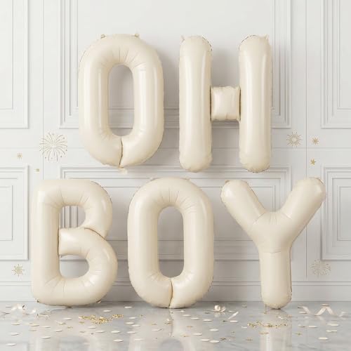 40 Inch Beige Oh Boy Balloons, Large Cream White OH BOY Balloon Letters, Neutral Ivory Sand White Big Alphabet Banner Sign Balloon for Boys Birthday Baby Shower Gender Reveal Party Decorations - color: Cream Letter-oh Boy