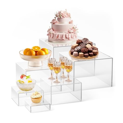 KOLIPI 6Pcs Buffet Risers, Food Risers for Buffet Table, Acrylic Boxes for Display Cube Riser Display Stand for Party Catering Dessert Collectibles, Clear Set (Size 8", 7", 6", 5", 4", 3") - color: Clear