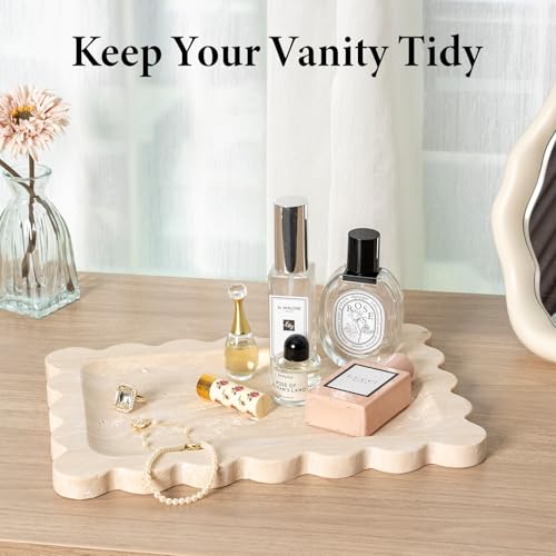 Koville Scalloped Marble Tray, 11"x8" Natural Marble Vanity Tray for Countertop Bathroom Kitchen Dresser, Natural Stone Tray for Jewelry Perfume Home Decor, Decorative Catchall Trays - color: Travertine, size: 11" x 7.9" x 0.7"