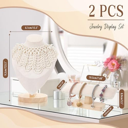 AceOrbit 2 Pcs Jewelry Display Stand Set Velvet Jewelry Bust Display Stand and T Bar Bracelet Holder for Necklaces Bracelets Chains Retail Boutique Shops Selling(Beige)
