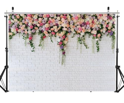 7X5FT White Brick with Flowers Backdrop Occasions Mother's Day Wedding Bridal Shower Birthday Party Banner Background Supplies DH-357 - size: 7X5FT
