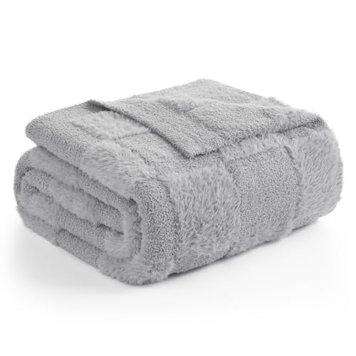 Snuggle Sac Faux Fur Checkered Blanket Twin Size with Soft Knitted Microfiber Fabric,Cozy Soft Warm Blanket for Sofa Bedroom Living Room,Solid Light Grey,60x80 inches - color: Solid Light Grey, size: Twin(60"x80")