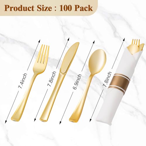 BESTVIP 100 Pack Pre Rolled Gold Plastic Silverware Set, Disposable Wrapped Cutlery Set with 100 Napkins, 100 Knives, 100 Forks and 100 Spoons for Party, Birthday - color: Gold