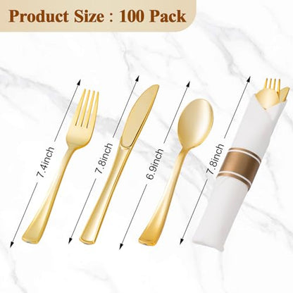 BESTVIP 100 Pack Pre Rolled Gold Plastic Silverware Set, Disposable Wrapped Cutlery Set with 100 Napkins, 100 Knives, 100 Forks and 100 Spoons for Party, Birthday - color: Gold