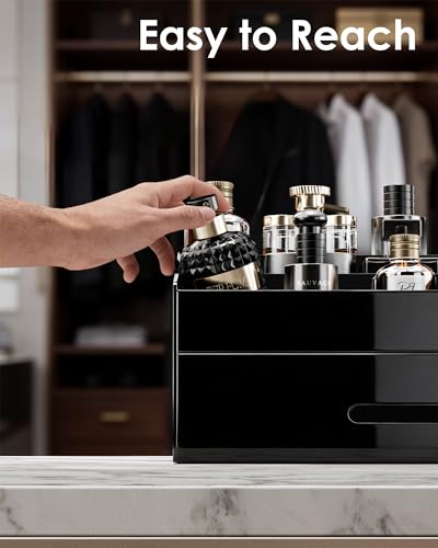 ProCase Cologne Organizer with Drawer, Acrylic Perfume Holder & Bathroom Countertop Organizer for Men & Women, Dresser Vanity Storage for Cologne, Perfume and Skincare -1 Layer, Cup - style: 1 Layer with Hair Dryer Holder