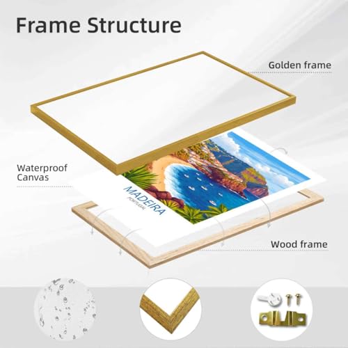 Framed Madeira Portugal Coastal Landscape Canvas Print Modern Minimalist Aesthetic Poster Wall Art for Living Room Home Decor Stunning Pictures Wall Decor (12L x16W,Gold Framed) - size: 12L"x16W"
