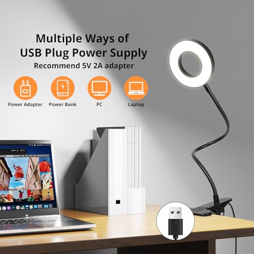 Woputne Desk Lamp Clip Light, 10 Dimmable Brightness 3 Light Modes Reading Light, Clamp Bedside Lamp for Painting, Craft, Study (Black) - color: Black, size: Not Included Adapter