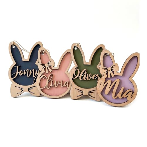 Personalized Easter Basket Name Tags Wooden Bunny with Bow Tie Custom Easter Bunny Tag Easter Basket Decorations Bunny Hanging Ornament Gifts - color: Color5