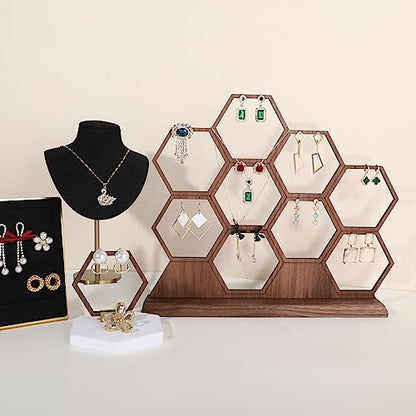 hexagonal jewelry earring display stands for selling, wooden necklace jewelry organizer hanging, walnut earring hanger dangle holder for show, home decor【Jewelry shelf-Hexagon】