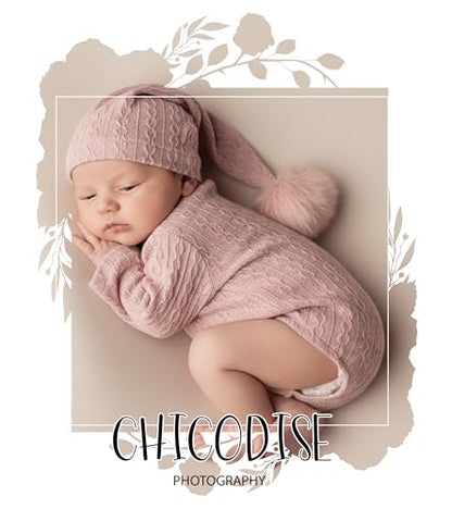 Newborn Photography Props, Infant Photoshoot Outfit Romper & Pom Pom Hat for Baby Boys Girls - color: Pink