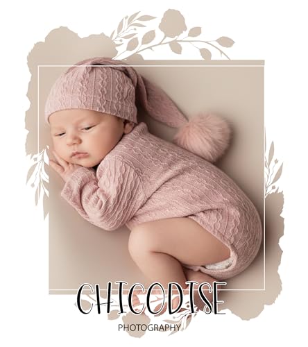 Newborn Photography Props, Infant Photoshoot Outfit Romper & Pom Pom Hat for Baby Boys Girls - color: Pink