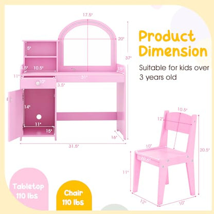 Costzon Kids Vanity with Lights, 2 in 1 Princess Makeup Desk & Chair Set with Lighted Mirror, Drawer, Storage Shelves & Cabinet, Toddler Dressing Table, Vanity Set for Little Girls (Pink) - style: Pink with Cabinet