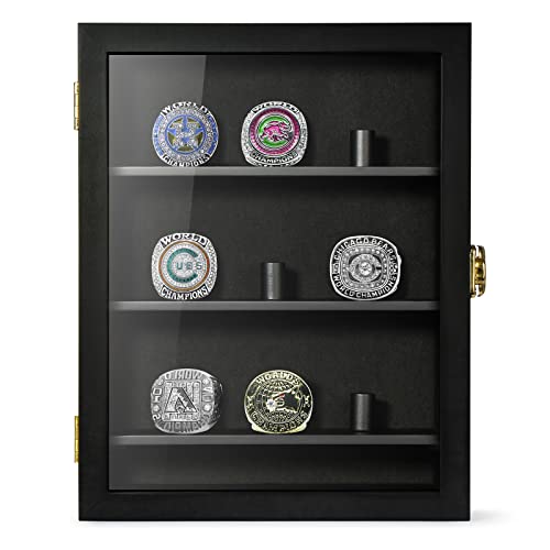 TJ.MOREE Championship Ring Display Case, 9 Posts Baseball & MoreDisplay Case, 8x10 Wall Mount Wooden Glass Shadow Box with Locks - Black - color: 9 Posts-black-rectangle