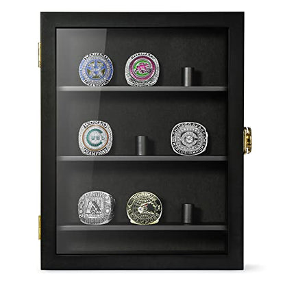 TJ.MOREE Championship Ring Display Case, 9 Posts Baseball & MoreDisplay Case, 8x10 Wall Mount Wooden Glass Shadow Box with Locks - Black - color: 9 Posts-black-rectangle