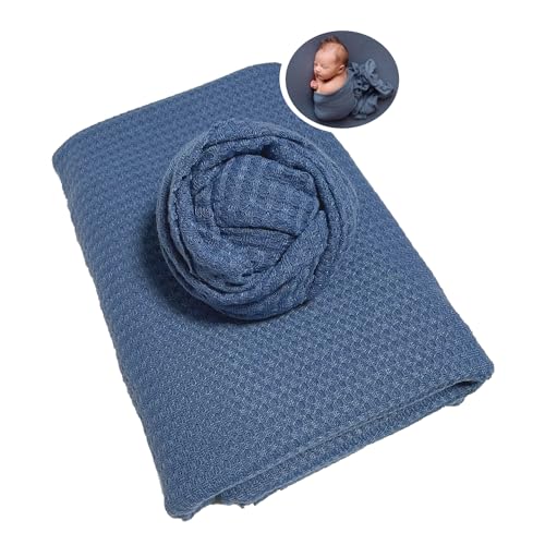 Honra Orraphtstu Newborn Photography Wraps Backdrops Sets Baby Photoshoot Props Studio Beanbag Posing Stretch Fabric Waffle Knit for Boys Girls (Blue, Wrap with Backdrop) - color: Blue, size: Wrap with Backdrop