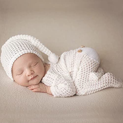 Newborn Baby Photo Shoot Props Girl Boy Crochet Knit Hat Costume Stripe Hat Pants Overalls Photography Props - color: Off-white