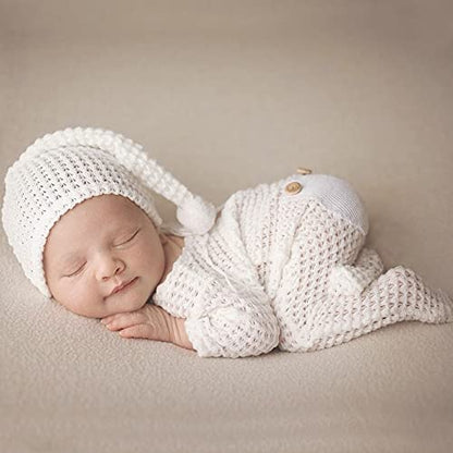 Newborn Baby Photo Shoot Props Girl Boy Crochet Knit Hat Costume Stripe Hat Pants Overalls Photography Props - color: Off-white