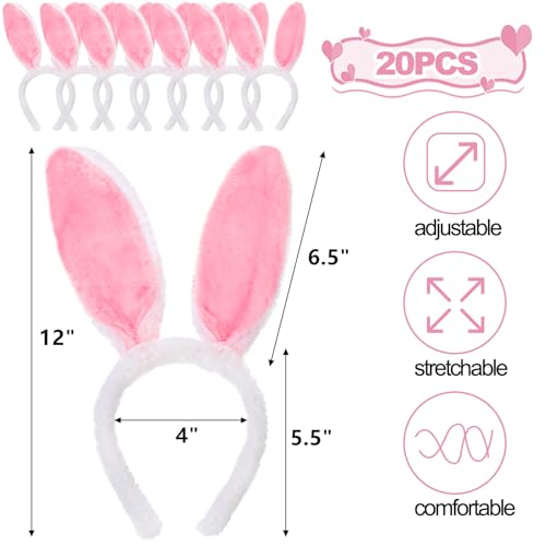 Yesland 20 Pack Bunny Ears Headband, Plush Easter Rabbit Ear Hairband for Easter Birthday Halloween Party Favors