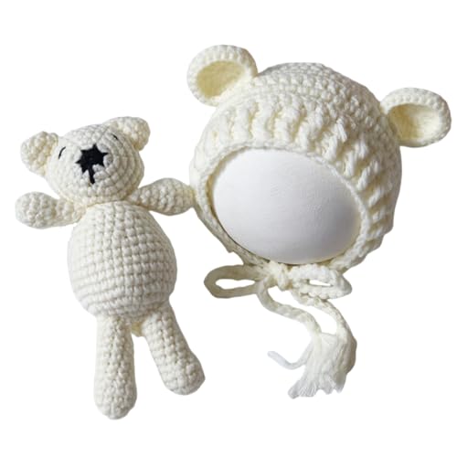 Zeroest Newborn Baby Boy Girl Photography Props Bear Hat Outfits Crochet Kint Handmade Cap Set for Newborn Photo Shoot - color: Ivory