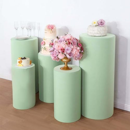Efavormart Set of 5 | Sage Green Spandex Cylinder Plinth Display Box Stand Covers, Stretchable Pedestal Pillar Prop Covers - 160 GSM - color: Sage Green, size: Spandex Cylinder Covers