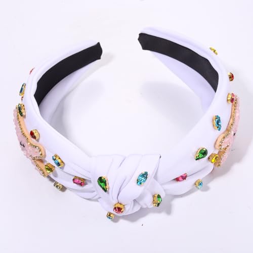 NVENF Easter Headband for Women Beaded Easter Rabbit Bunny Headband White Pink Crystal Pearl Knotted Hairband Happy Easter Hair Accessories Spring Holiday Headwear Outfits Gifts (Bunny A - White) - color: Bunny A - White