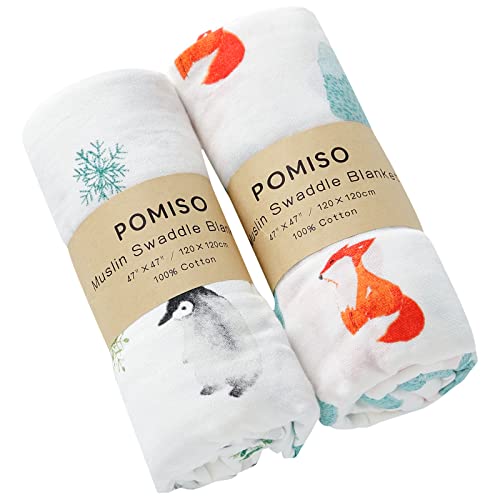 POMISO Muslin Swaddle Blankets for Boys & Girls, Newborn Receiving Blankets, Soft Breathable Baby Swaddles, Large 47x47 Inches, Fox & Penguin - color: Fox and Penguin