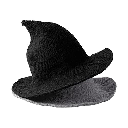 Halloween Witch Hat for Women Wide Brim Foldable Wizard Hat Wool Knit Pointed Cap Cosplay Costume Accessory - color: Black