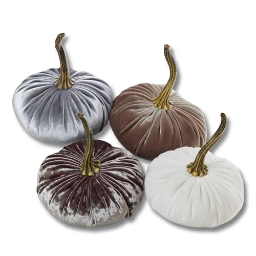 Your Heart's Content Set of 4 Small Velvet Pumpkins, Fall Home Decor, Gift Set for Friend, new Apartment, Cozy Autumn Vibe, Pumpkin Trick or Treat, Elegant Gift Set (Luxe Quartz, Gray, Ivory, Taupe) - color: Luxe Quartz, Gray, Ivory, Taupe